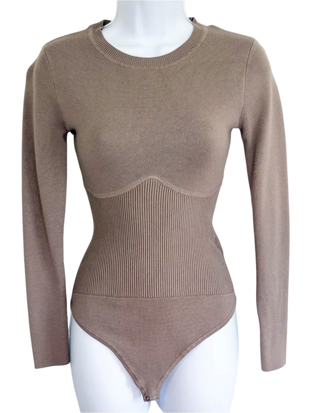 ABERCROMBIE & FITCH Taupe Ribbed Corset Bodysuit Long Sleeve Knit Top S